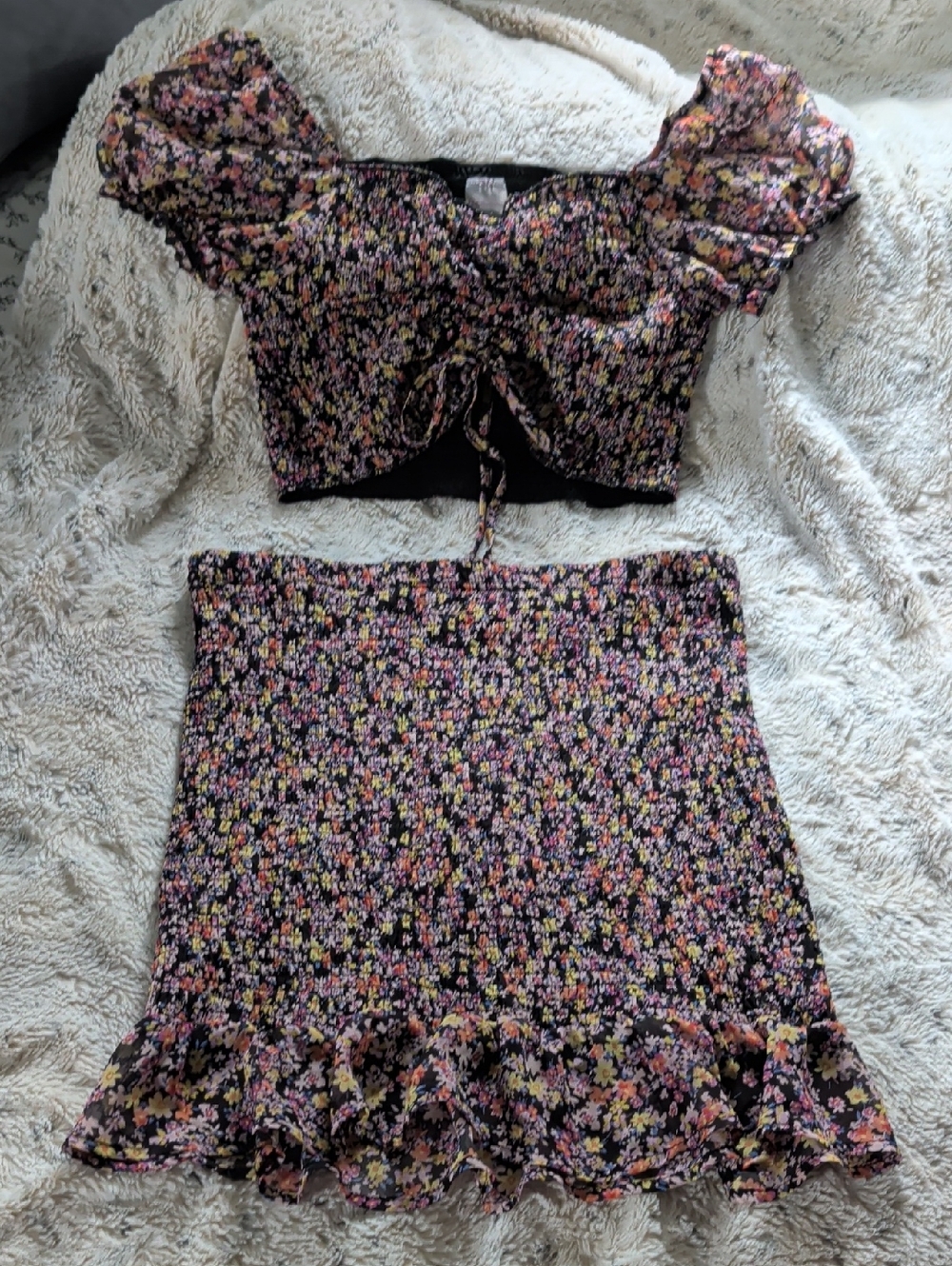 No Boundaries Black Floral Smocked Two-Piece Set with Multicolor Print